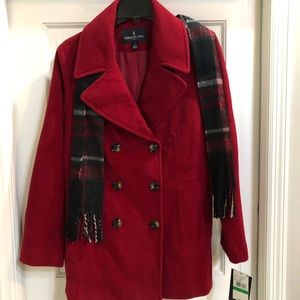 Red ladies London Fog double-breasted peacoat.